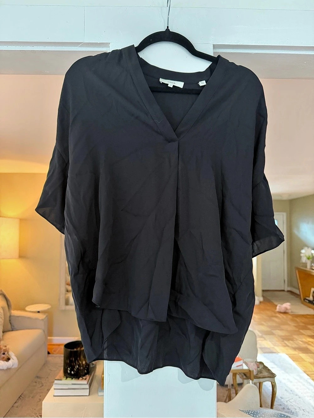 Vince Silk Gathered Cap-Sleeve Blouse Black Size XS